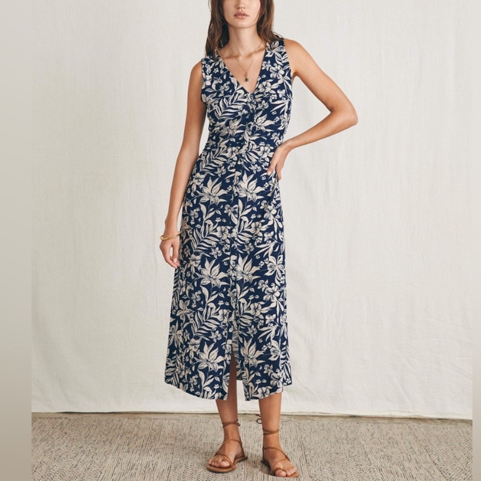 Faherty Navy And Cream Floral Midi Dress